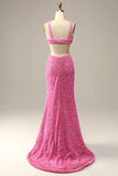 Fuchsia Sequined V-Neck Cut Out Evening Dress