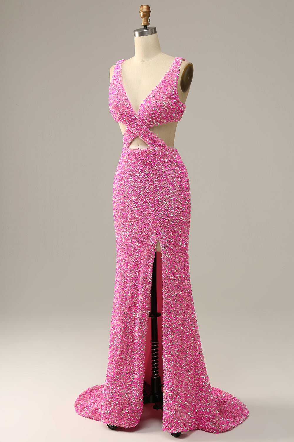 Fuchsia Sequined V-Neck Cut Out Evening Dress