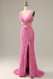 Fuchsia Sequined V-Neck Cut Out Evening Dress