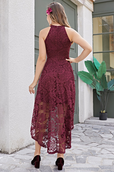 Zapaka Women 1950s Vintage A Line Round Neck High Low Burgundy Formal Lace  Dress – ZAPAKA