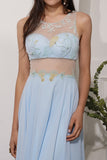 Blue A Line Chiffon Prom Dress With Appliques