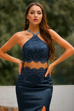 Two Piece Open Back Navy Prom Dress