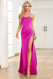 Fuchsia Mermaid Spaghetti Straps Satin Prom Dress with Split Front