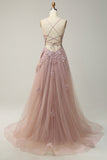 A Line Spaghetti Straps Blush Long Prom Dress with Appliques