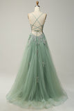 A Line Spaghetti Straps Blush Long Prom Dress with Appliques