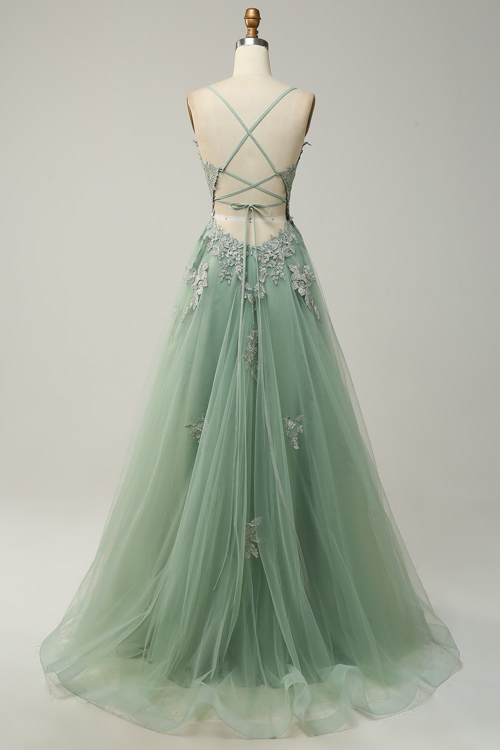 A Line Spaghetti Straps Dark Green Long Prom Dress with Criss Cross Back