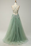 A Line Spaghetti Straps Dark Green Long Prom Dress with Criss Cross Back