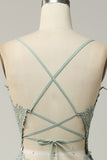 A Line Spaghetti Straps Green Long Prom Dress with Criss Cross Back