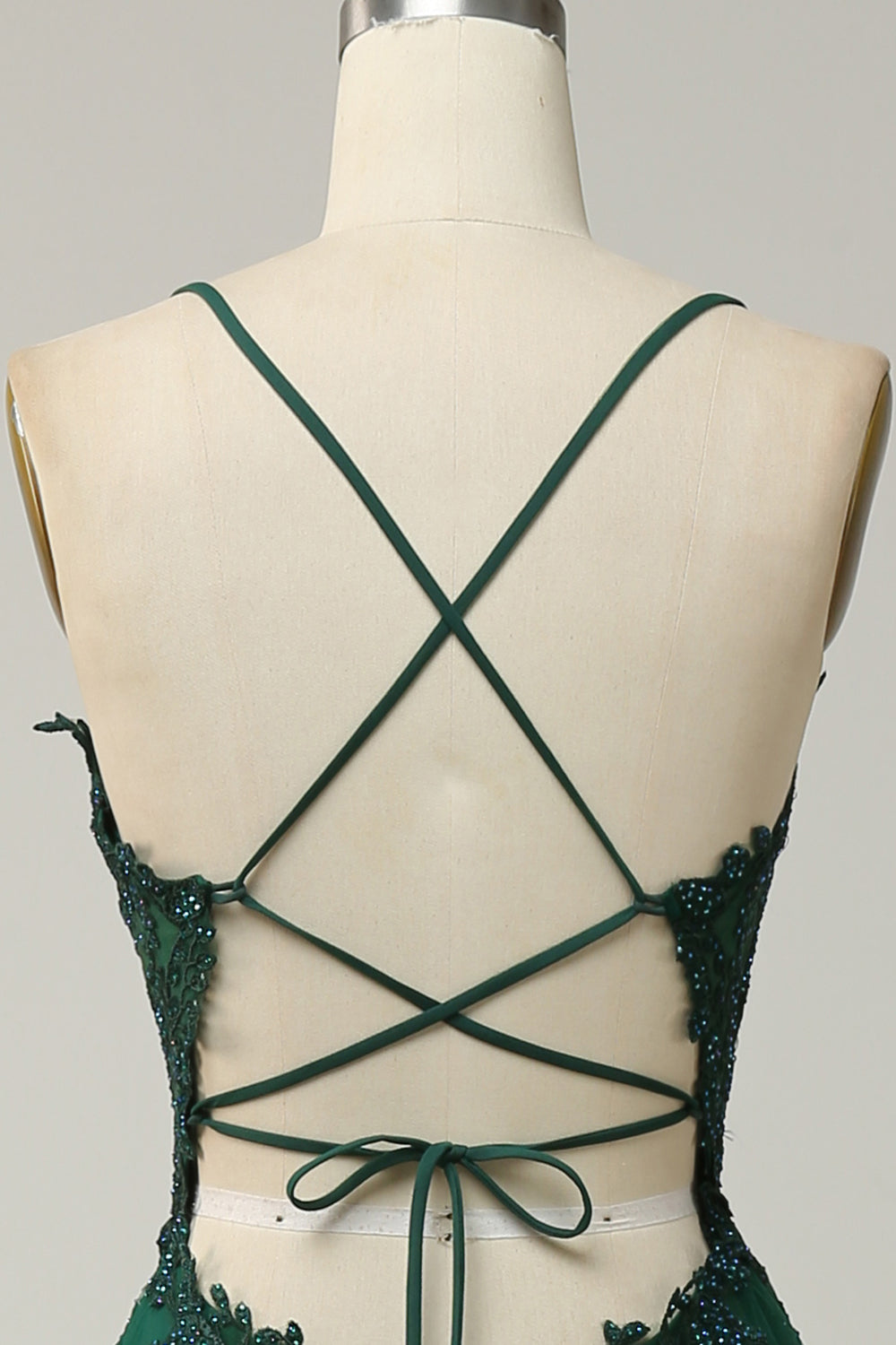 A Line Spaghetti Straps Dark Green Long Prom Dress with Criss Cross Back