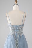 Grey Blue Mermaid Spaghetti Straps Sparkly Sequin Long Prom Dress