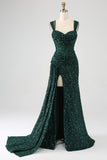 Dark Green Sheath Sparkly Sequin Pleated Long Prom Dress With Thigh Split