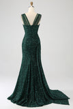 Dark Green Sheath Sparkly Sequin Pleated Long Prom Dress With Thigh Split