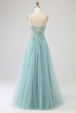 Sparkly Light Green A-Line Sequin Applique Corset Prom Dress With Slit