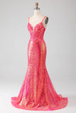 Sparkly Mermaid Fuchsia Prom Dress with Sequins