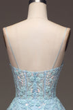 A Line Light Blue Sequin Spaghetti Straps Prom Dress With Appliques