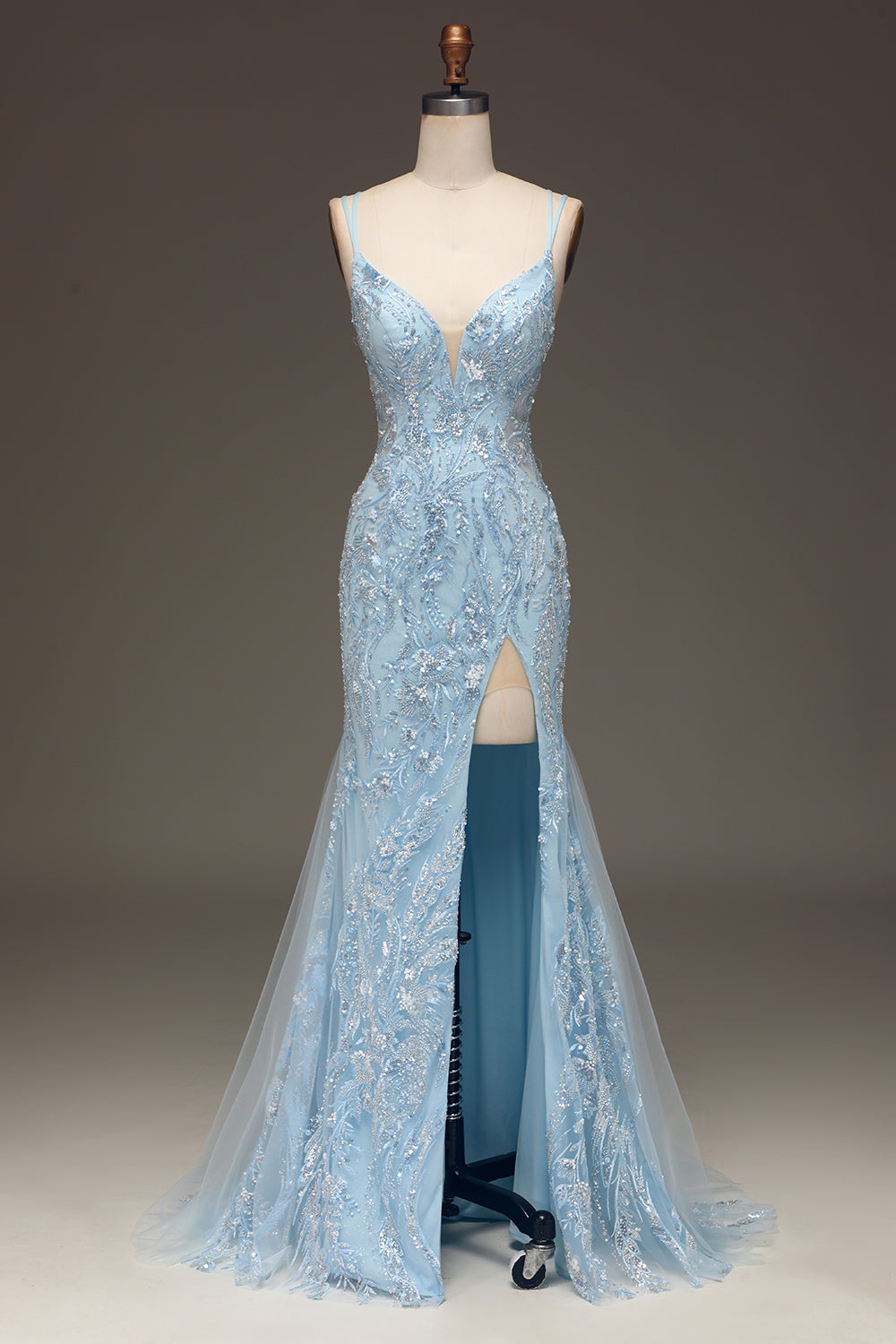Sparkly Blue Mermaid Spaghetti Straps Tulle Sequin Beaded Long Prom Dress with Slit