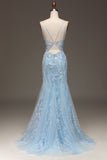 Sparkly Blue Mermaid Spaghetti Straps Tulle Sequin Beaded Long Prom Dress with Slit