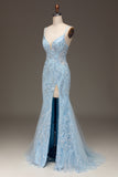Sparkly Blue Mermaid Spaghetti Straps Tulle Sequin Beaded Long Prom Dress with Slit