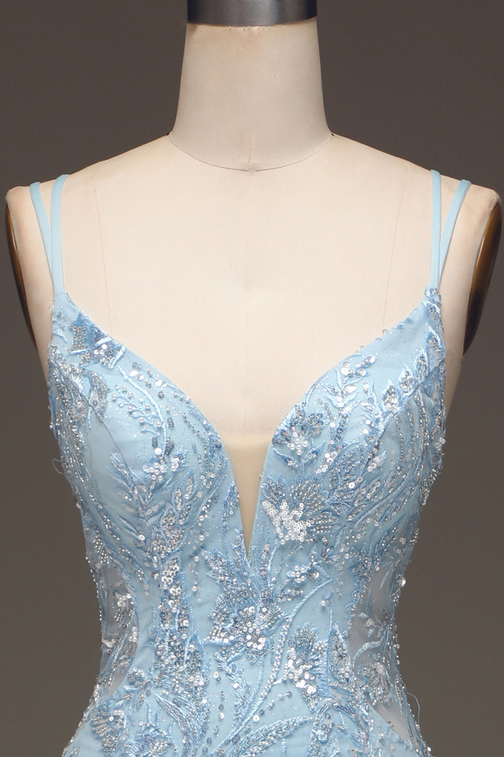 Sparkly Blue Mermaid Spaghetti Straps Tulle Sequin Beaded Long Prom Dress with Slit