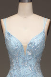 Sparkly Blue Mermaid Spaghetti Straps Tulle Sequin Beaded Long Prom Dress with Slit