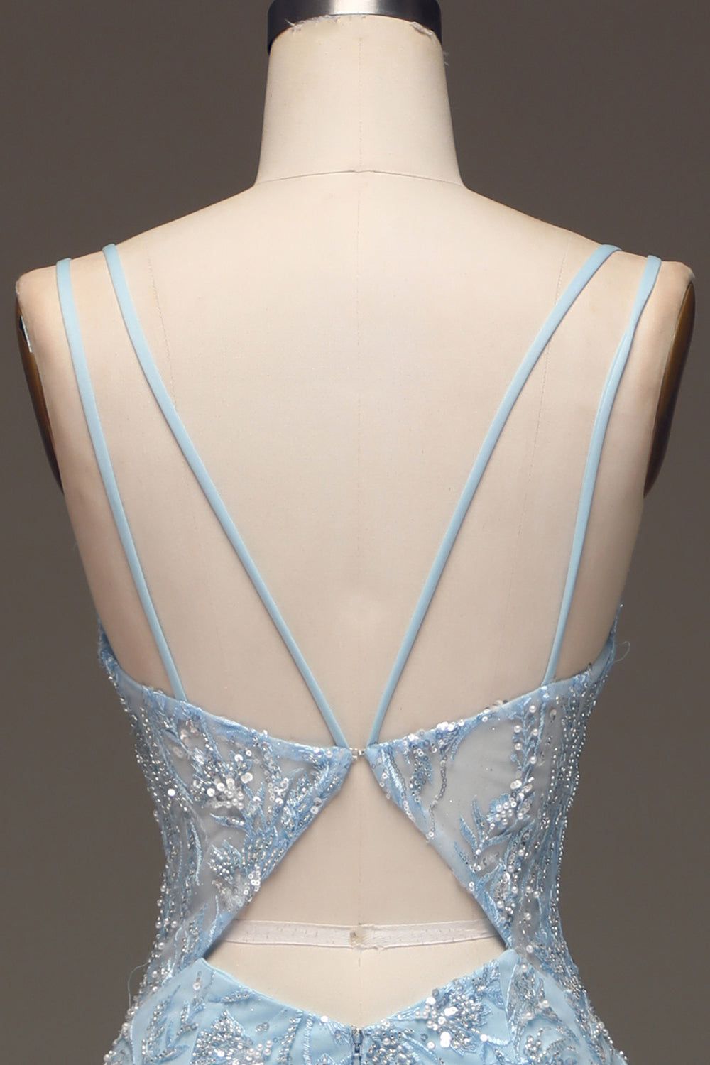 Sparkly Blue Mermaid Spaghetti Straps Tulle Sequin Beaded Long Prom Dress with Slit