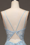 Sparkly Blue Mermaid Spaghetti Straps Tulle Sequin Beaded Long Prom Dress with Slit
