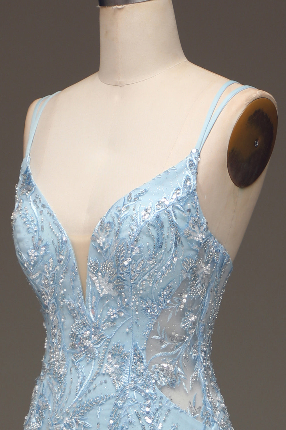 Sparkly Blue Mermaid Spaghetti Straps Tulle Sequin Beaded Long Prom Dress with Slit