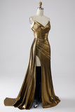 Sparkly Mermaid Golden Long Prom Dress with Slit