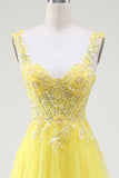 Tulle Beaded Yellow Corset Prom Dress with Slit