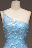 Light Blue Mermaid One Shoulder Side Slit Sequin Prom Dress with Appliques