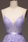 Purple A-Line Spaghetti Straps Long Beaded and Tulle Prom Dress with Appliques