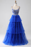 Royal Blue Tiered Prom Dress with Sequins