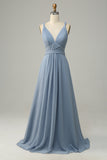 Dusty Blue Deep V Neck A Line Long Bridesmaid Dress