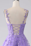 Lilac A-Line Spaghetti Straps Long Prom Dress with Appliques