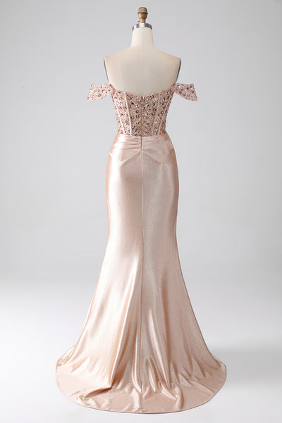 ZAPAKA Women Champagne Corset Prom Dress with Slit Mermaid Sequins Party Dress ZAPAKA Women Champagne Corset Prom Dress with Slit Mermaid Sequins Party Dress