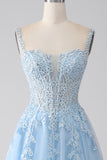 A-Line Light Blue Corset Prom Dress with Appliques