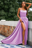 Royal Blue A-Line Spaghetti Straps Backless Long Satin Prom Dress with Slit