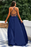 Royal Blue A-Line Spaghetti Straps Backless Long Satin Prom Dress with Slit