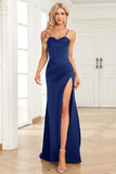 Navy Mermaid Spaghetti Straps Satin Prom Dress with Split Front