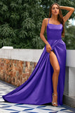 Royal Blue A-Line Spaghetti Straps Backless Long Satin Prom Dress with Slit