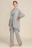 Zapaka Women Grey 3 Piece Mother of the Bride Pant Suits with Lace
