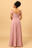 Ruffles Chiffon Pink Bridesmaid Dress with Slit