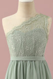 Green One Shoulder Lace and Chiffon Junior Bridesmaid Dress