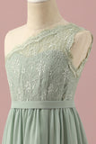 Green One Shoulder Lace and Chiffon Junior Bridesmaid Dress