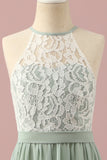 Green Lace and Chiffon Halter Junior Bridesmaid Dress