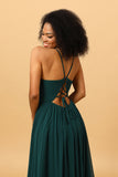 Chiffon Spaghetti Straps Green Bridesmaid Dress with Slit