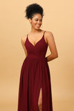 A-Line Chiffon Burgundy Bridesmaid Dress with Slit