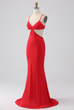 Spaghetti Straps Mermaid Backless Red Long Prom Dress
