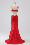 Spaghetti Straps Mermaid Backless Red Long Prom Dress