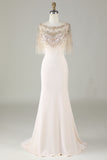 Sparkly Champagne Boat Neck Beaded Mermaid Long Prom Dress